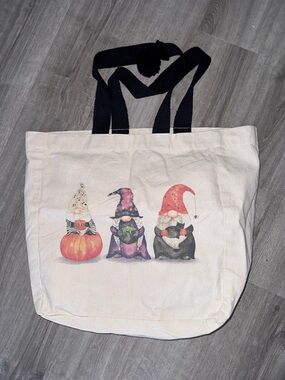 T.J.Maxx Cream Canvas Tote with Halloween Gnome Print and Black Handles
